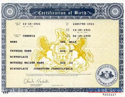 Downloadable United States Commonwealth of Pennsylvania birth certificate example